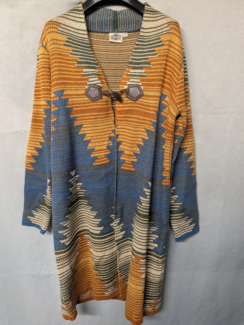 Aztec-Pattern Open Knit Cardigan - Blue/Gold/Green/Cream Size Small